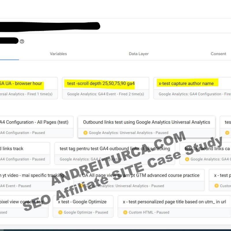 affiliate website case study 1 - using GTM tracking tags
